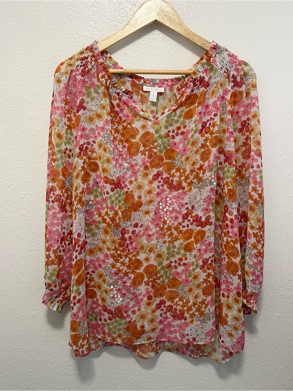 Lightweight Pink & Orange Floral Blouse with Sequins